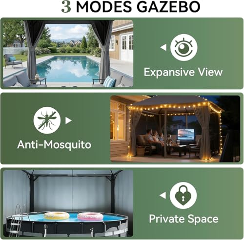 Aoxun Outdoor Gazebo for Patio 10x12, Metal Frame Canopy with Double Roofs, Heavy Duty Party Tent and Shelter with Mosquito Netting and Privacy Screen for Backyard, Lawn, Garden, Deck