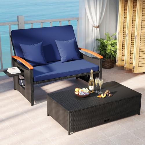 COSTWAY Patio Rattan Daybed, Outdoor Loveseat Sofa with Storage Ottoman, 4-Level Adjustable Backrest & Acacia Wood Armrest, Outdoor Wicker Daybed with Side Panels for Yard, Deck, Poolside (Black&Navy)