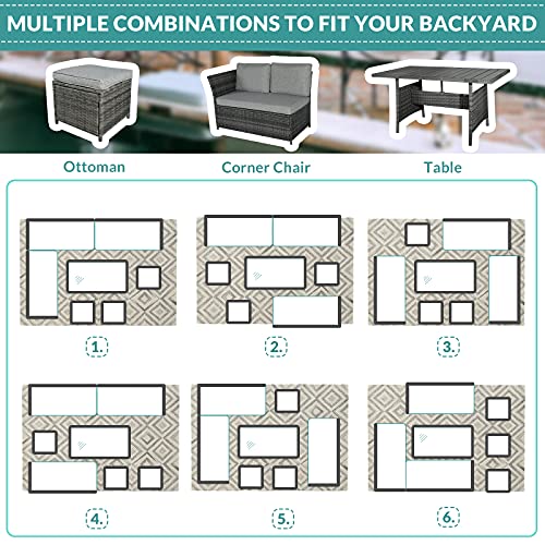 MEETWARM 7 Pieces Wicker Patio Furniture Set Outdoor Conversation Set All Weather Rattan Sectional Sofa Couch Garden Dining Table Chair Set with Ottoman (Gray)