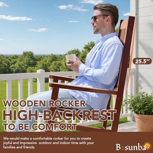 Besunbar Wooden Outdoor Rocking Chair, Oversized Patio Rocking Chair w/400lbs Support & High Backrest | Porch, Lawn, Garden, Backyard，Natural
