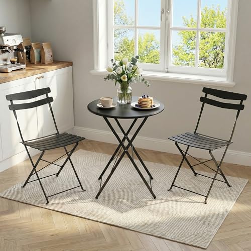 IDEALHOUSE Bistro Table and Chairs Set of 2, 3-Pieces Patio Bistro Set, Folding Design, No Assembly Need, Outdoor/Indoor Outdoor Patio Furniture Set for Balcony Yard Garden, Black