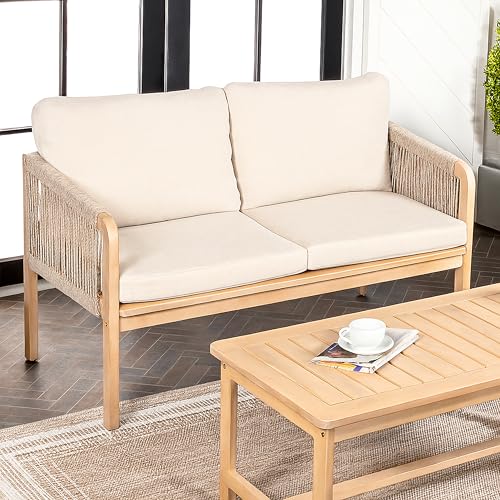 JONATHAN Y Arwen Bohemian Acacia Wood Outdoor Loveseat, 2-Seater Patio Sofa Bench with Woven Rope Details and Thick Cushions for Porch, Balcony, Backyard, 49" W, Light Teak/Beige SFB1001A