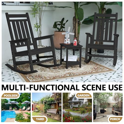 HRVEOCEI Oversized Outdoor Rocking Chair Set of 2 with Table, HDPE Patio Racking Chairs for Front Porch Outside All Weather, 300 LBS Capacity (Set of 2, Black)