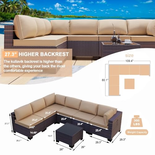 Kullavik 10PCS Outdoor Patio Furniture Set,PE Wicker Rattan Sectional Sofa Patio Conversation Sets with Tempered Glass Table,Swivel Rocking Chairs Set,Sand