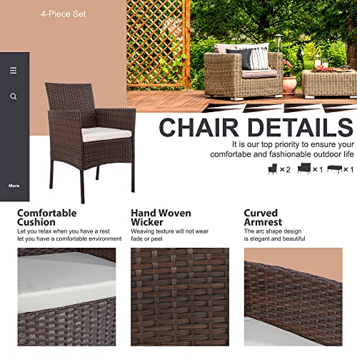 Shintenchi 4 Piece Patio Furniture Sets, Outdoor Small Patio Table and Chairs Set, Rattan Patio Conversation Set, Balcony Porch Furniture with Tempered Glass Coffee Table for Outside, Brown