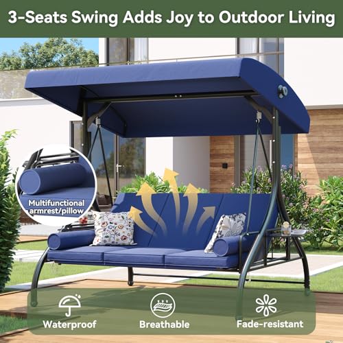 Aoxun Outdoor Porch Swing with Stand and Canopy, 3 Seats Outdoor Swings for Adults, Convertible 2 in 1 Swing Bed with Cup Holder, Patio Swings with Thicken Cushions for Garden, Yard & Balcony, Blue