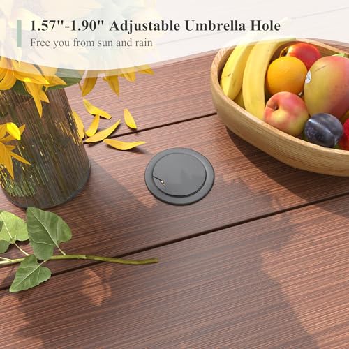 ARKOST Round Patio Dining Set for 10, 63" Round Metal Table with Umbrella Hole and Stackable Wicker Patio Chairs, Outdoor Furniture Set for Deck Backyard Garden, Walnut Chairs, Walnut Table