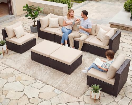 NICESOUL 8 Seat 29.3'' High Back Outdoor Furniture Set, Extra Large Rattan Patio Conversation Sets, Deep Seating Modular Sectional with Ottoman, Oversized Conversations for Backyard, Brown and Beige