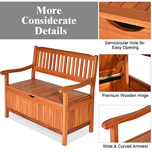 Tangkula Outdoor Wood Storage Bench Deck Box, Entryway Porch Storage Bench with Inner Removable Dust-Proof Lining & Portable Handles, Eucalyptus Wood Loveseat for Garden, Lawn, Balcony & Yard