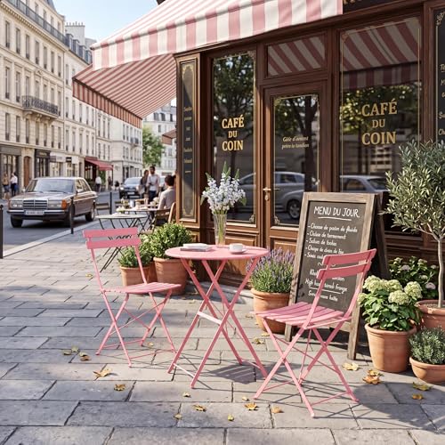 GarveeHome 3-Piece Foldable Bistro Set, Outdoor Patio Furniture with 2 Folding Chairs & 1 Table, Weather-Resistant Indoor/Outdoor Conversation Set for Patio, Garden, Balcony, Pink Flat Tube