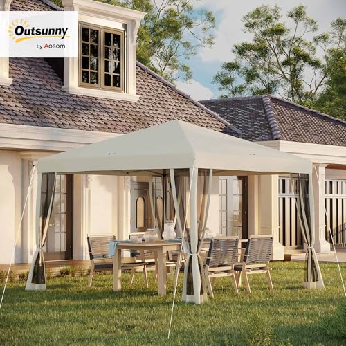 Outsunny 10' x 10' Pop Up Canopy Tent with Netting, Instant Gazebo, Screen House Room with Carry Bag, Height Adjustable, for Outdoor, Garden, Patio, Camping, Beige