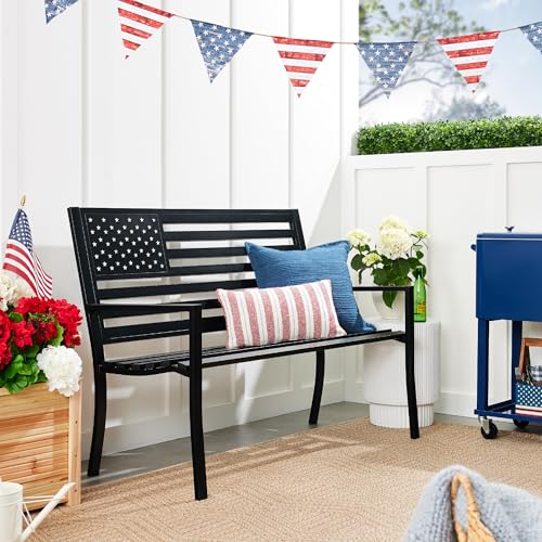 Best Choice Products Outdoor Bench 2-Person Steel Indoor/Outdoor Bench for Garden, Patio, Porch, Entryway w/American Flag, 790lb Capacity – Black