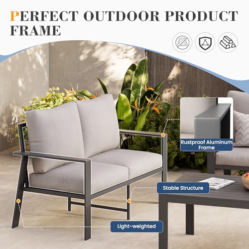 VONZOY Aluminum Outdoor Loveseat with Coffee Table Small Furniture Patio Love Seat Couch Outdoor Chairs with 4" Cushion Loveseats Sofa for Poolside,Balcony,Deck,Yard