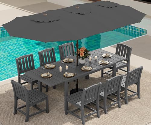 SERWALL 10-Piece Patio Dining Sets with 15FT Patio Umbrella, 60" - 83" Expandable Outdoor Dining Table and 8 HDPE Chairs, All Weather HDPE Outdoor Furniture Set, Grey (Umbreall Base not Included)