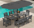 SERWALL 10-Piece Patio Dining Sets with 15FT Patio Umbrella, 60" - 83" Expandable Outdoor Dining Table and 8 HDPE Chairs, All Weather HDPE Outdoor Furniture Set, Grey (Umbreall Base not Included)