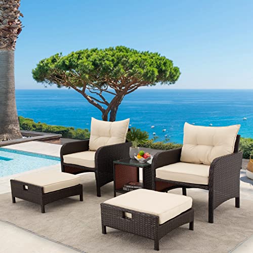 AVAWING 5 Pieces Patio Furniture Set, Outdoor Rattan Chairs with Tempered Glass Coffee Table, Ottomans & Soft Cushions, Wicker Conversation Bistro Set for Garden, Deck, Balcony, Poolside(Khaki)