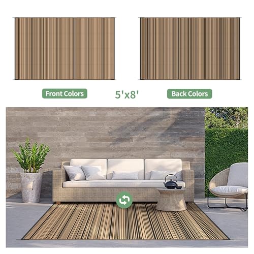 GENIMO Outdoor Rug 5x8 ft Waterproof, Reversible Plastic Straw Patio Rug for RV Camping Mat, Deck, Backyard Balcony Mat - Lightweight & Easy to Clean, BlackBrown