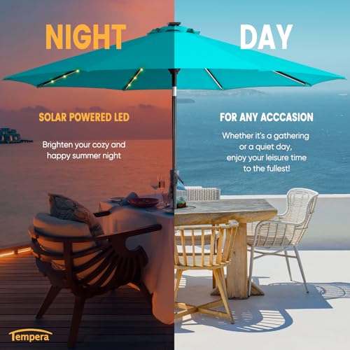 Tempera 9ft Patio LED Umbrella with light | Solar Outdoor Umbrella | Market Table Parasol with Push Button Tilt and Crank, with Sturdy Pole&Fade resistant canopy,Easy to set