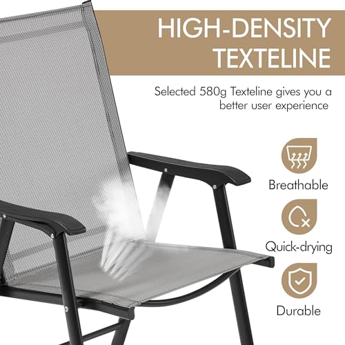 Yaheetech Patio Dining Chairs Set of 4 with Armrests, Outdoor Folding Chairs with Metal Frame and Backrest for Lawn, Garden, Yard and Poolside, Gray