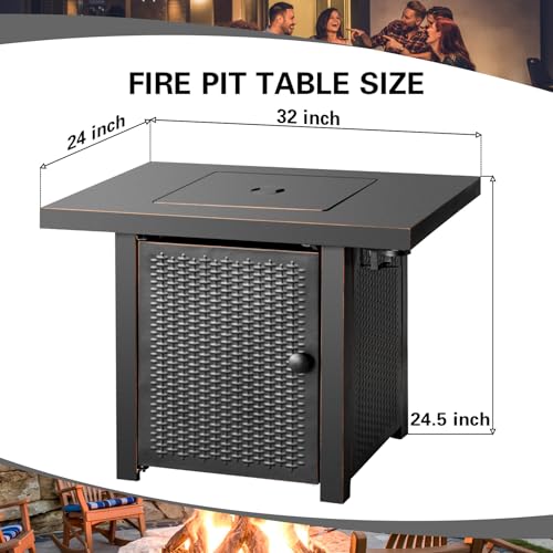 OutVue 32 Inch Propane Fire Pit Table, Outdoor Gas Fire Pits with 2 Drink Holders, Lid & Lava Rock, 50000 BTU Firepit Table for Dinning, Party in Outside, Patio, Garden or Yard