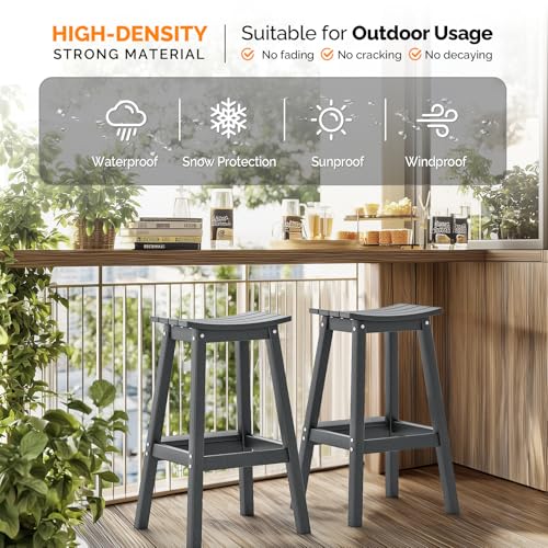 VINGLI 29" Outdoor Bar Stools Set of 2, HDPE Poly Lumber Bar Chairs with Footrest, Weather Resistant Patio Barstools for Bar, Kitchen Counter, Yard (Gray, 29 Inch 2 PC)