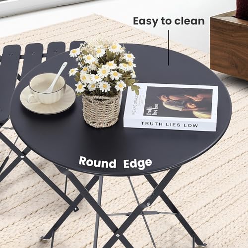 Kromax Outdoor 3 Piece Patio Bistro Set, Folding Bistro Table and Chairs Set of 2, Space Saving, Foldable Coffee Tables for Balcony or Garden, Black