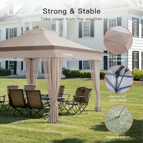 Amada 13x13 Pop Up Outdoor Gazebos on Clearance for Backyard & Patio Furniture with Wheeled STO-N-Go Cover Bag, Carpa Pop Up Tent with Shelter Mosquito for Patio, Lawn, Garden(13×13ft, Khaki)