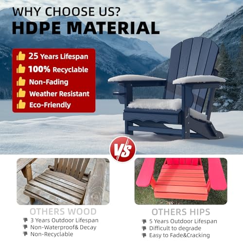 CLOUDEEP Folding Adirondack Chairs, HDPE Plastic Adirondack Chair with Cup Holder Weather Resistant, Wood Texture Outdoor Fire Pit Chairs for Patio Garden,Poolside and Deck, Umbrella Hole, Dark Blue