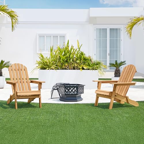 Yaheetech Folding Adirondack Chair Set of 4 Outdoor, 300LBS Solid Wood Garden Chair Weather Resistant, Fire Pit Lounge Chairs for Garden/Yard/Patio/Lawn, Natural Wood