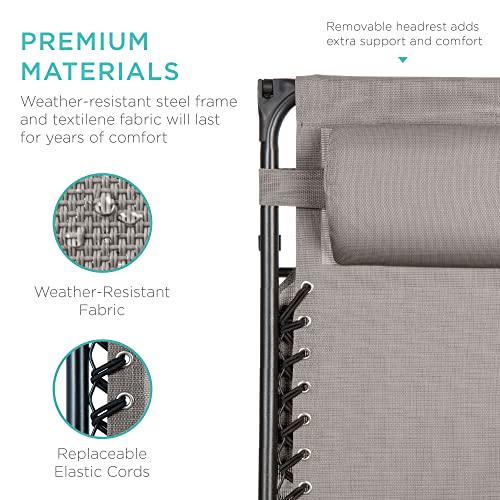 Best Choice Products Folding Zero Gravity Outdoor Recliner Patio Lounge Chair w/Adjustable Canopy Shade, Headrest, Side Accessory Tray, Textilene Mesh - Ice Gray
