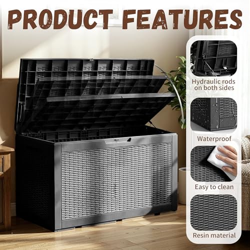 EFU Outdoor Storage Box 100 Gallon Deck Box Resin Outdoor Toy Storage With Lockable Lid, Hydraulic Struts, Rattan Style Package Delivery Boxes for Outside Patio Yard Garden (Black)