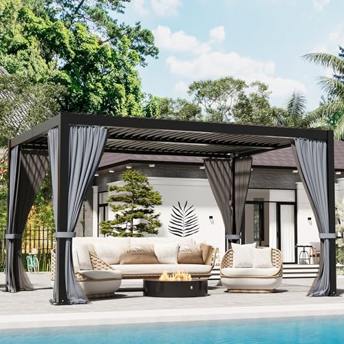 TXGDPIONEER Outdoor Louvered Pergola 10'×13',Aluminum Frame with Adjustable Louvered Roof and Screen,Metal Hard Top Pergola with Waterproof Curtains and Nets for Patio,Backyard,Deck,Grey
