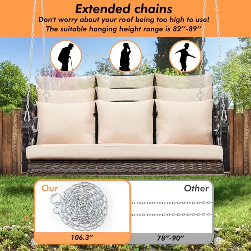 ZZW 3-Person Wicker Porch Swing Chair Heavy Duty 900 LBS Outdoor Rattan Patio Swing Chair w/Cup-Holder & Steel Chains Hanging Bench Porch Swing Cushions for Deck & Backyard & Garden