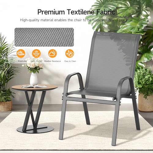 ONBRILL Patio Chairs set of 4, Easy Assembly Stackable Outdoor Dining Chairs with Wide Seat and Sturdy Metal Frame, Breathable All Weather Textilene Outdoor Chairs Set of 4 for Deck, Pool, Porch, Grey
