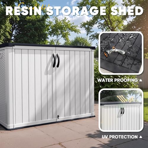 Devoko Outdoor Storage Cabinet 26 Cu Ft with Lockable Doors, Horizontal Storage Shed Waterproof Patio Tools Storage Box for Sofa Cushions, Gardening Tools and Accessories (White)