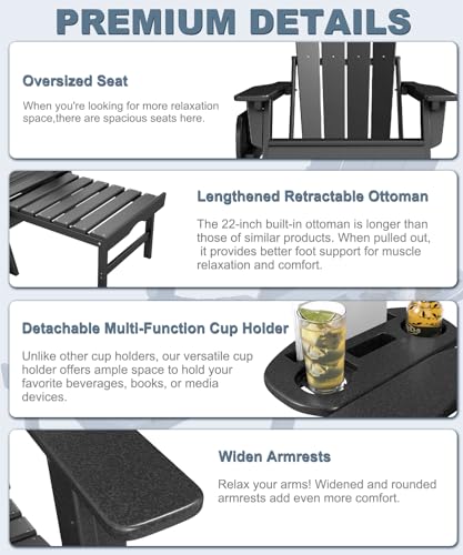 NAVINE Adjustable Adirondack Chair with Retractable Ottoman Set of 2, HDPE Folding Adirondack Chair with Cup Holder, All Weather Fire Pit Chair for Outdoor.