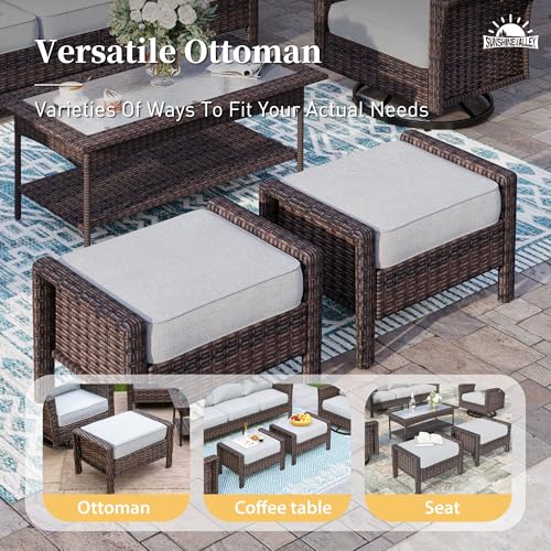 Patio Furniture Set with Swivel Chairs, High Back Wicker Rattan Set with 5.5" Thick Cushions, Fire Pit Table and Ottomans, All Weather Outdoor Conversation Set for Backyard Deck,7 Seats, Light Grey