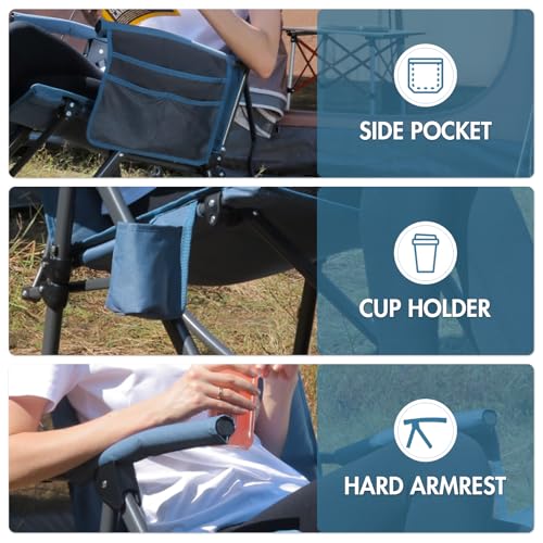 Portal Oversized Folding Rocking Camping Chair Portable Outdoor Rocker with High Back Hard Armrests Carry Bag, Supports 400 lbs, Mesh Back, Blue