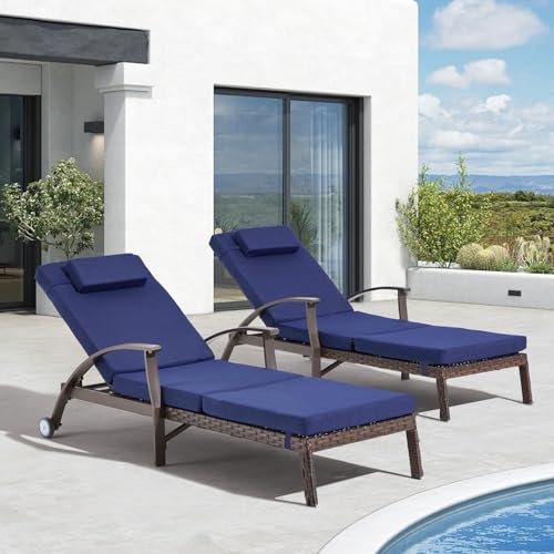 Mvpipi Outdoor Chaise Lounge Chairs Set of 2 with Wheels & Adjustable Backrest, Pool Lounge Chairs Set of 2 with Cushions, Wicker Poolside Lounge Chairs for Patio Deck Backyard, Blue
