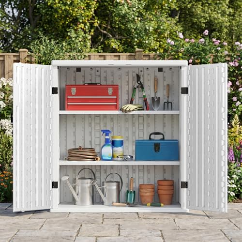 EHHLY Heavy Duty Small Storage Cabinet Outdoor Weatherproof, 14 Cuft Garage Storage Cabinet with 2 Adjustable Shelves, Lockable Kitchen Pantry Closer Organizer, 31Wx23Lx34H, Polar White