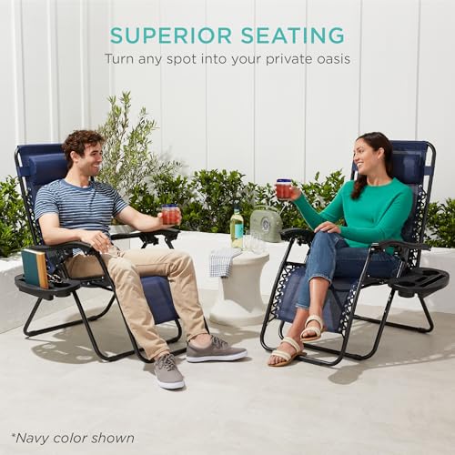 Best Choice Products Set of 2 Adjustable Steel Mesh Zero Gravity Lounge Chair Recliners w/Pillows and Cup Holder Trays - Ice Gray