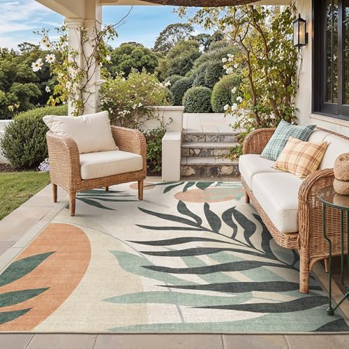 GENIMO Outdoor & Indoor Area Rug 8'x10', Waterproof, Non-Shedding, Easy Cleaning, Leaf Mat for Patio, Living Room, Balcony, Dining Room, RV, Deck, Bedroom, Camping, Outside Carpet, Beige Grey