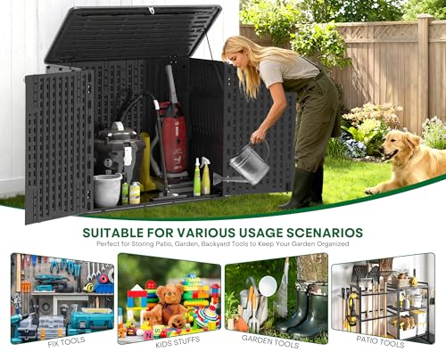 IWDOO Outdoor Storage Shed, 30 Cu Ft Waterproof Horizontal Resin Storage Cabinet, Weather-Resistant Garden Shed Trash Can Storage with Pad-Lockable Doors for Backyards (Black)