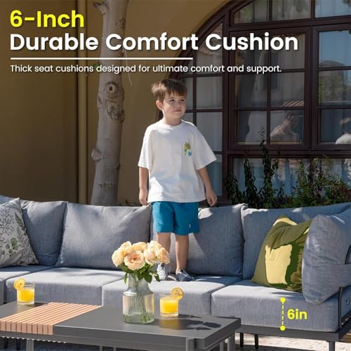 Sundale Outdoor 4 Pieces Patio Furniture Set, Metal Sectional Sofa Patio Conversation Set with 6 Inch Cushions, Modern Patio Corner Couch for Balcony, Porch, Sunroom (Grey/Dark Grey)