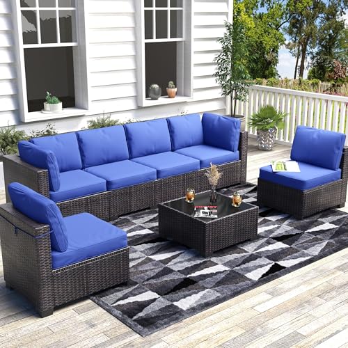 TrailBlaze 7-Piece Outdoor Patio Sectional Sofa Set - All-Weather PE Rattan Wicker Conversation Furniture with Thick Navy Blue Cushions & Glass Top Coffee Table - for Garden, Balcony, Porch - Brown