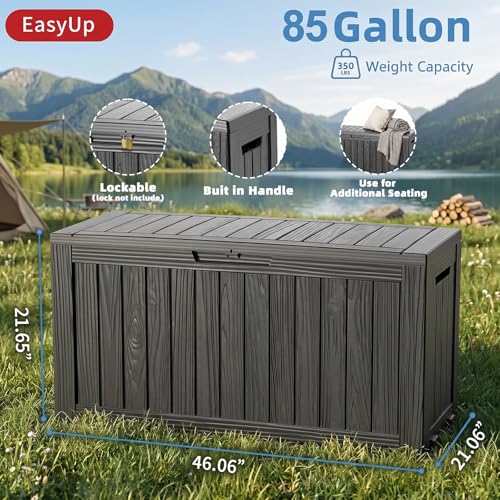 EasyUp 85 Gallon Outdoor Storage Box, Resin Waterproof UV-Resistant Deck Box, Reinforced Stability for Patio, Garden, and Poolside, Striped Black