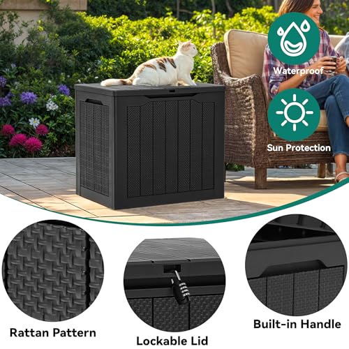 YITAHOME 30 Gallon Resin Deck Box, Weather Resistant Outdoor Rattan Storage Box, Lockable Indoor Outdoor Storage for Supplies and Essentials, Black