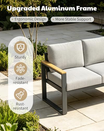 IDEALHOUSE Aluminum Patio Furniture Set, 7 Seats Outdoor Patio Conversation Sets with Coffee Table, 6 Pieces Metal Conversation Sectional Furniture Sofa for Balcony, Garden, Deck, Backyard,Gray
