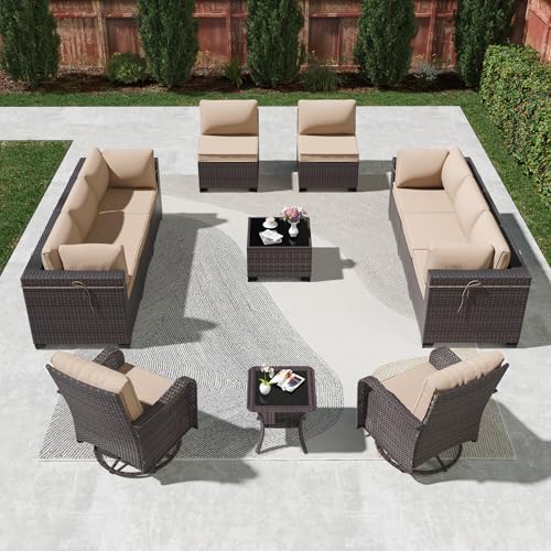 Kullavik 12PCS Outdoor Patio Furniture Set,PE Wicker Rattan Sectional Sofa Patio Conversation Sets with Tempered Glass Table,Swivel Rocking Chairs Set,Sand