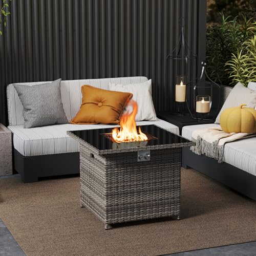 Tangkula 32.5 Inch Propane Fire Pit Table, Outdoor Rattan Gas Firepit with Tempered Glass Tabletop & Stainless Steel Burner, Square Fire Pit with Lava Rocks & Protective Cover for Outside Patio